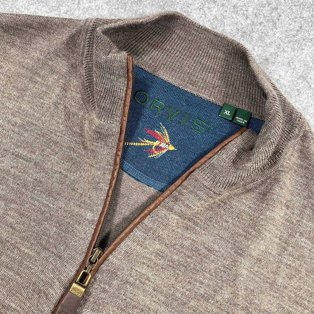 Orvis Mens Quarter Zip Sweater XL Taupe Merino Wool Leather Trim Mock Neck